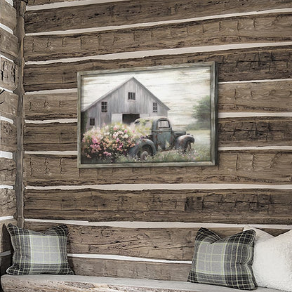 Rustic Framed Farmhouse Wall Art: Wooden Flower Truck Painting Country Barn Prints for Bedroom