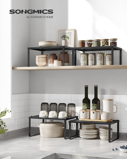 SONGMICS Spice Racks, Set of 2 Metal Cabinet Shelf Organizers, Countertop Organizers, Shelf Risers, Stackable, Expandable, Silver UKCS01SV