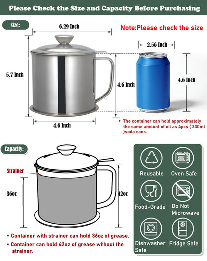 Tellshun Bacon Grease Container with Strainer 1.25 L / 42 oz Strong Kitchen Catcher Food-grade Stainless Steel Cooking Oil Keeper with Lid and Easy-Grip Handle Suitable for Storing Frying Oil