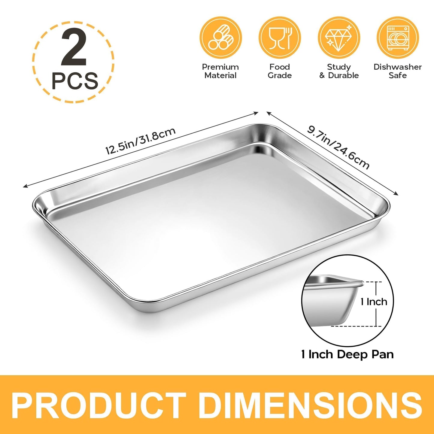 Onader Baking Sheet Set of 2, 12.5" x 9.7" Food-Grade Stainless Steel Quarter Sheet Pans for Baking, Metal Cookie Toaster Oven Pan Tray, Heavy Duty & Dishwasher Safe
