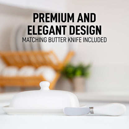 Zulay Kitchen Ceramic Butter Dish with Lid For Countertop & Stainless Steel Knife – Keeps Butter Soft & Fresh – White Butter Dish with Easy-Grip Knob, Durable & Everyday Butter Holder for Home - White