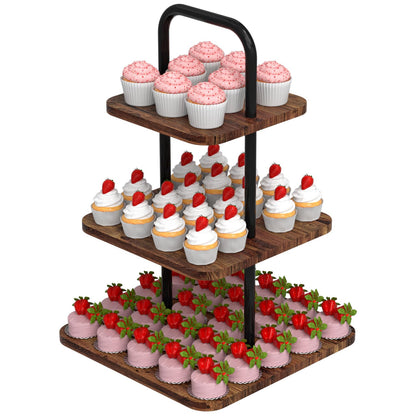 VyGrow Cupcake Stand, 3-Tier Dessert Stand for 32 Cupcakes, Wood & Metal Tower Display Premium Holder Dessert Tree Tower for Christmas Birthday Weddings Party Decor, Serving Tray, Wood Brown