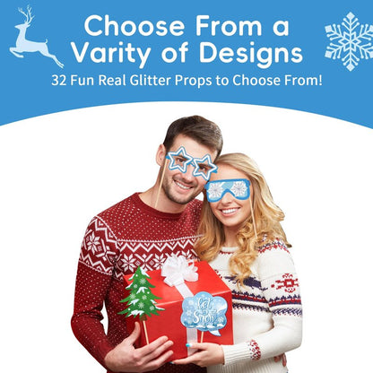 Glitter Winter Photo Booth Props Set,32pcs Winter Wonderland Decorations,Fun Snowman Snowflake Selfie Props Signs,Christmas Photo Backdrop Table Decorations for Holiday Birthday Party Favors Supplies