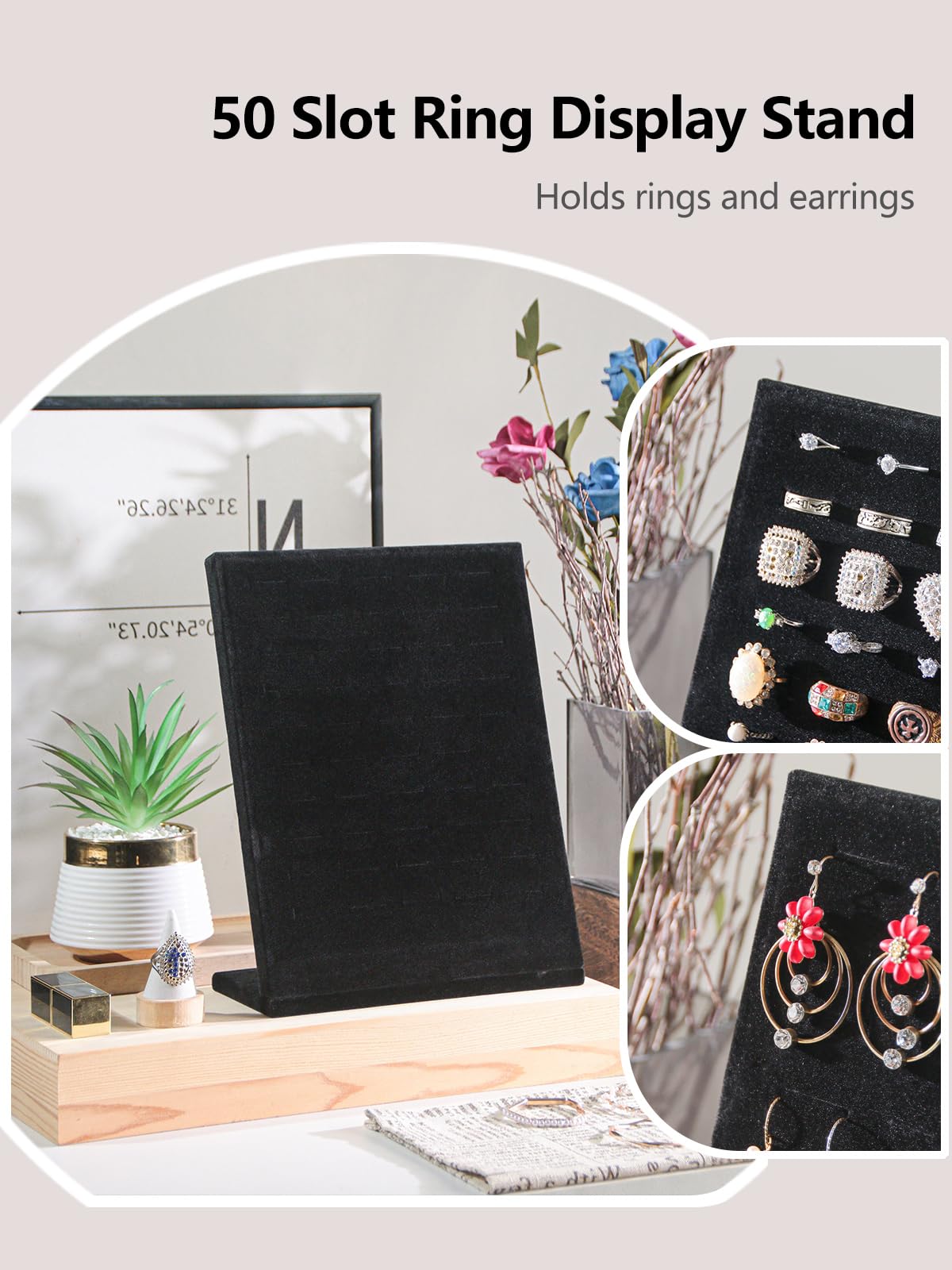 Ausalivan Ring Board Display Stand,Velvet Jewelry Earring Organizer Holder for Selling,Vendors Storage Tray for Multiple Rings (Black)
