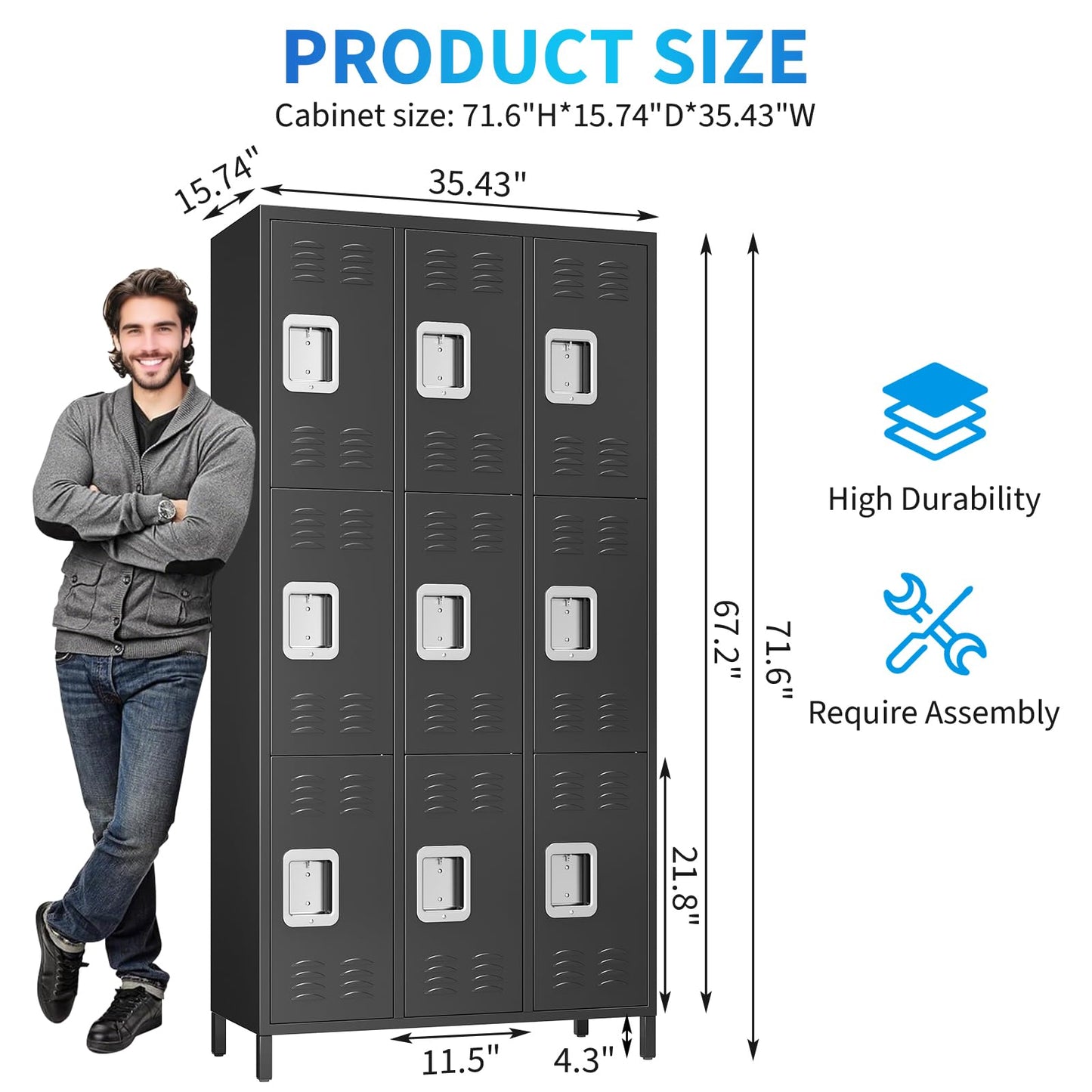 PhoenixCrest Metal Locker with 3 Doors & 9 Hooks, Heavy Duty Steel Storage Locker for Gym, Home, Office, School, Ventilated Design with Privacy Vents, Easy Assembly, Black