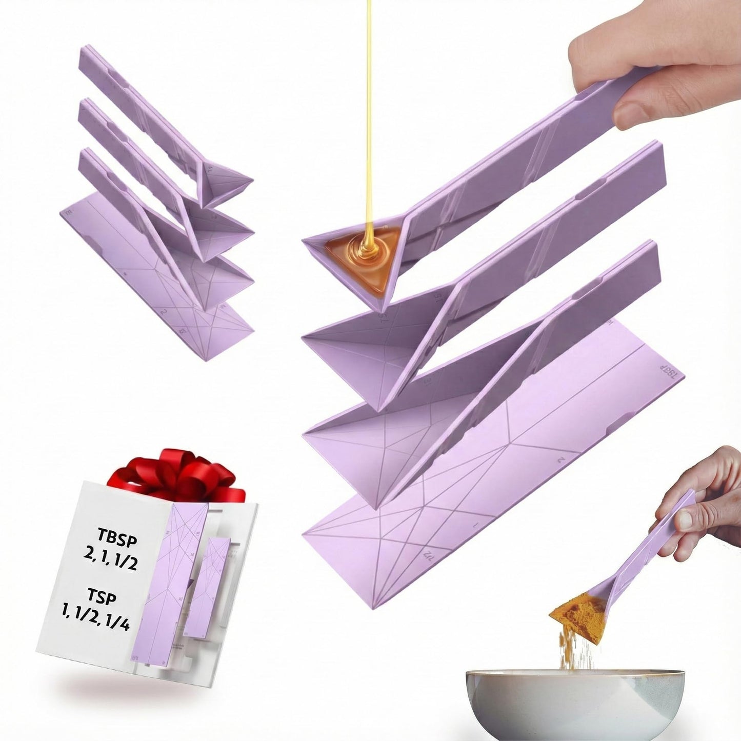 POLYGONS - Original Flat 3-in-1 Folding Measuring Spoons | 2 Spoons fold into 6 Sizes | Magnetic | DuraBend Tech lasts 100k+ folds | LeakProof for Wet & Dry | Gift Packaging | Baking/Cooking (Purple)