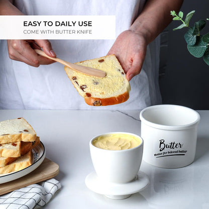 Butter Crock French Butter Dish with Lid and Knife for Countertop - Keeps Butter Soft and Fresh for 2-5 Weeks, White