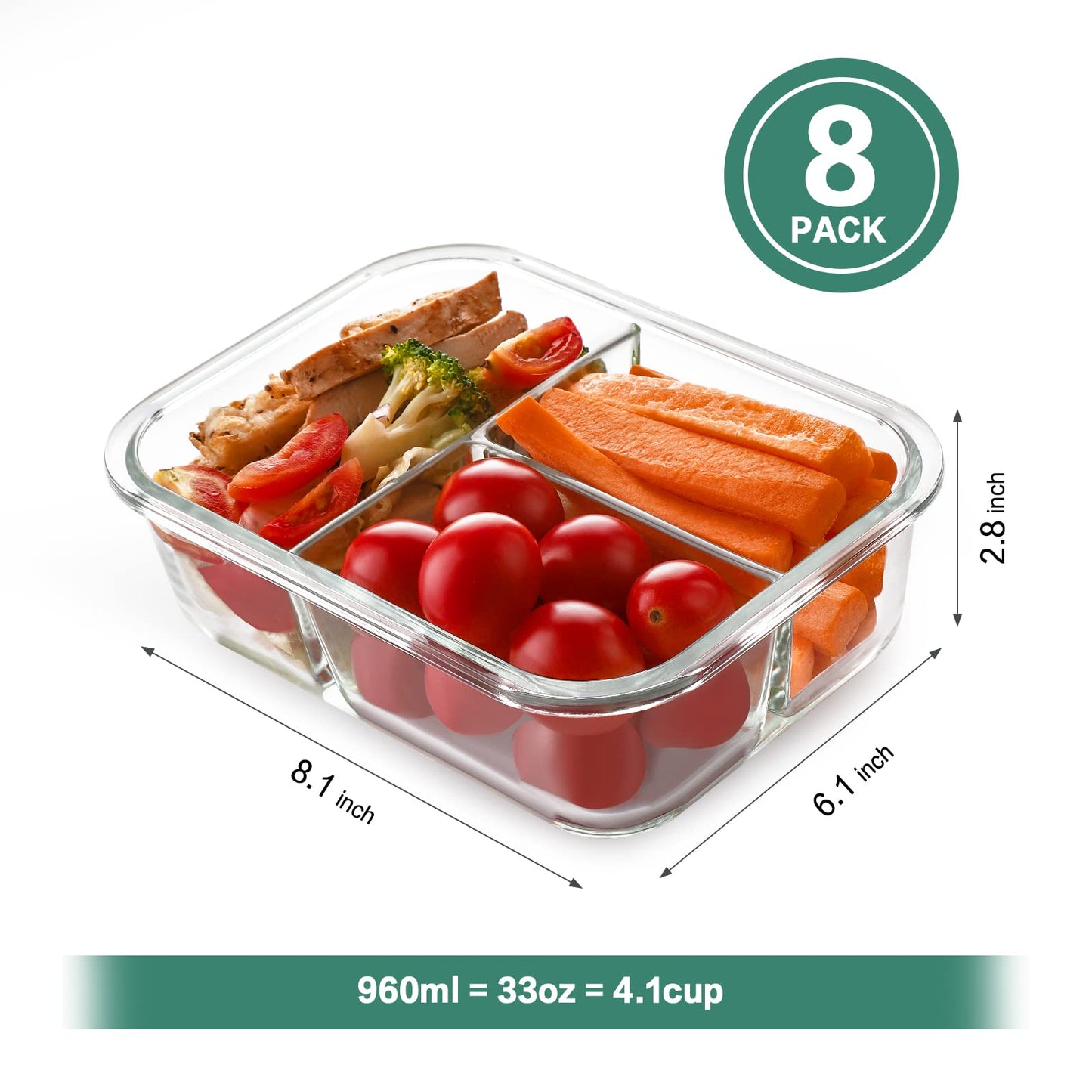 HOMBERKING 8 Pack Glass Meal Prep Containers 3 Compartment, 36oz Glass Food Storage Containers with Lids, Airtight Lunch Bento Boxes, BPA-Free & Leak Proof (8 lids & 8 Container) - Black