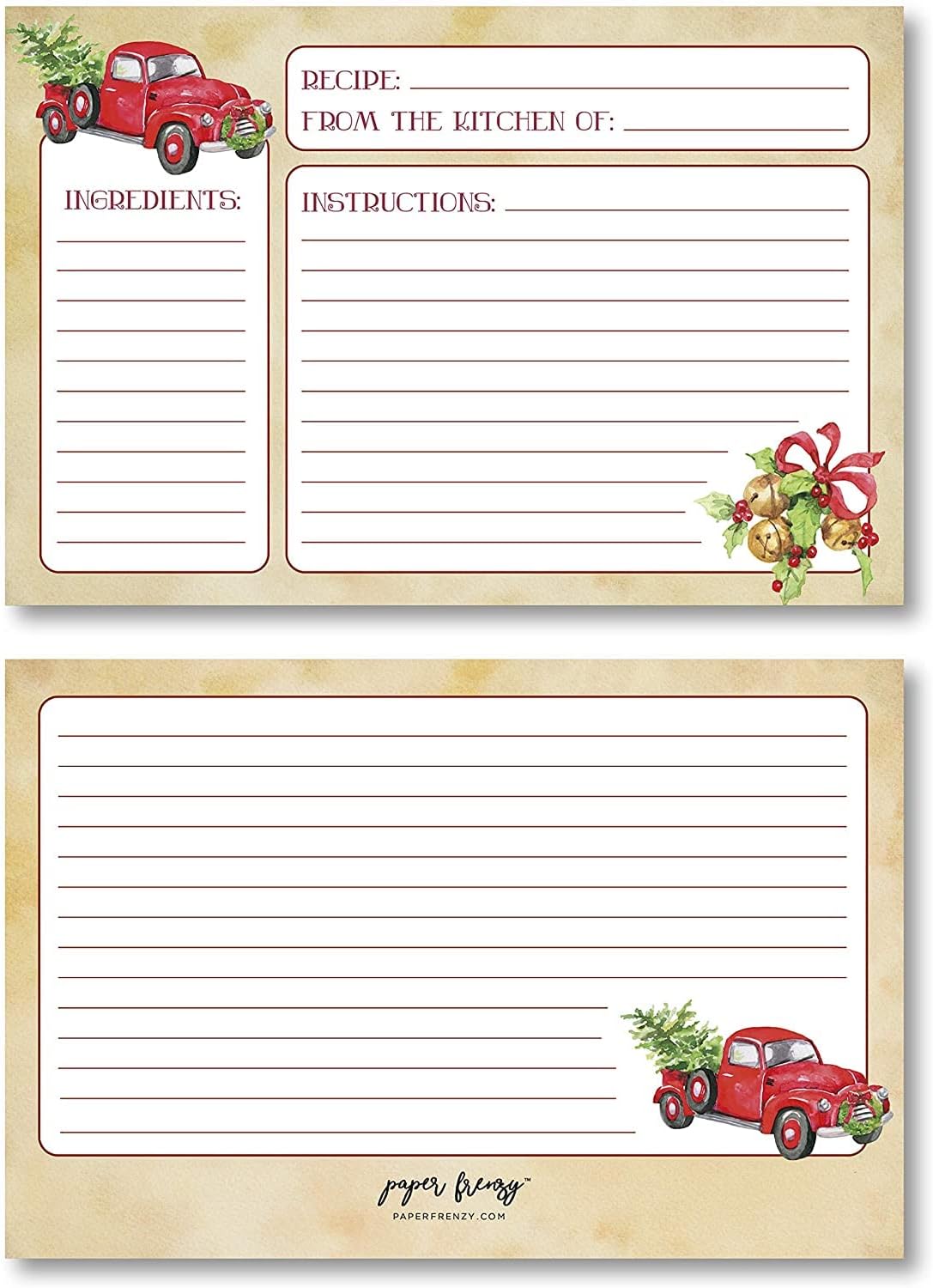Paper Frenzy Nostalgic Red Truck with Tree Holiday Recipe Cards, 25 Pack Double-Sided