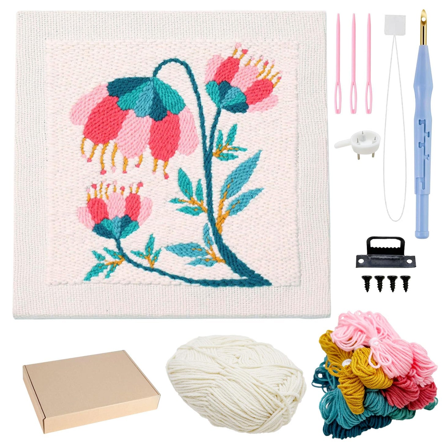 Allazone Punch Needle Kit Frame, Punch Needle Embroidery Kits, Square Punch Needle Fabric with Flower Pattern, Hoop, Yarns, Punch Needle (Beige and Pink)