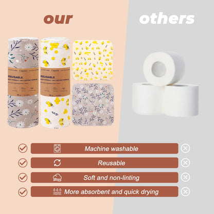Cagreex Reusable Dishcloths Kitchen Towels Cotton: 30 Packs 10X10 Washable Roll Paperless Paper Towels Absorbent Dishcloths Set Dish Tea Towel for Kitchen Drying (30Daisy, 10×10")