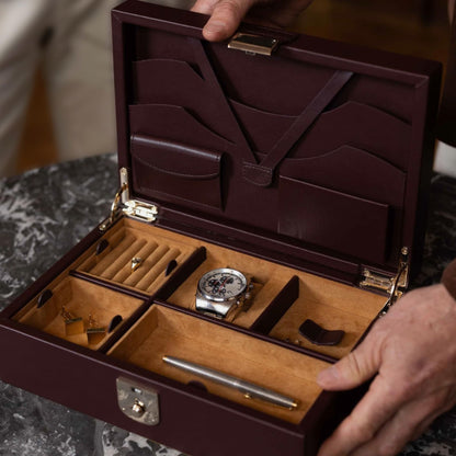 WOLF Philipp Watch and Jewelry Lifestyle Box, Chestnut - Watch Cuff, Cufflink/Ring Tray, Stationery Storage - Ultra-Suede LusterLoc Lining