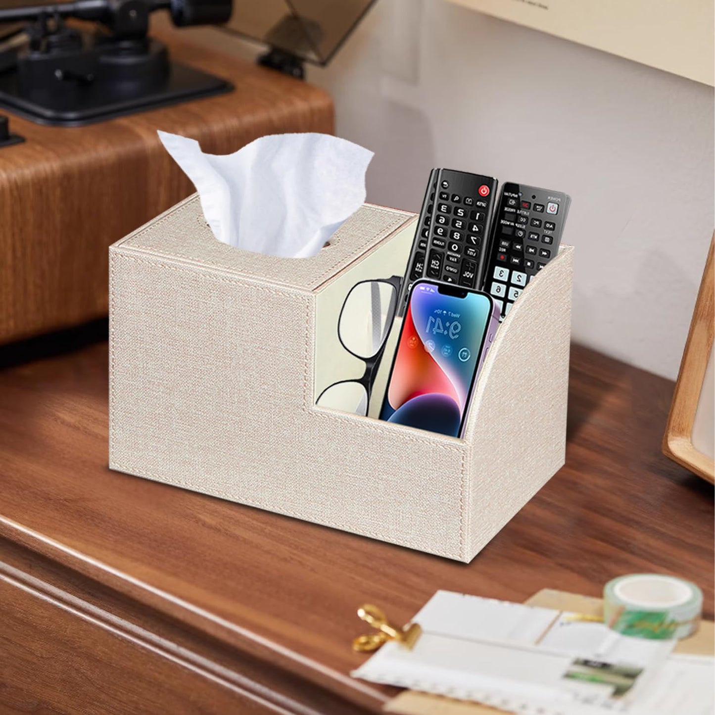 PU Leather Square Tissue Box Cover - Multi-Functional Tissue Box Holder, Tissue Box Cover with Storage,Tissue and Remote Control Holder, Cube Tissue Box Organizer Bedroom Nightstand End Table
