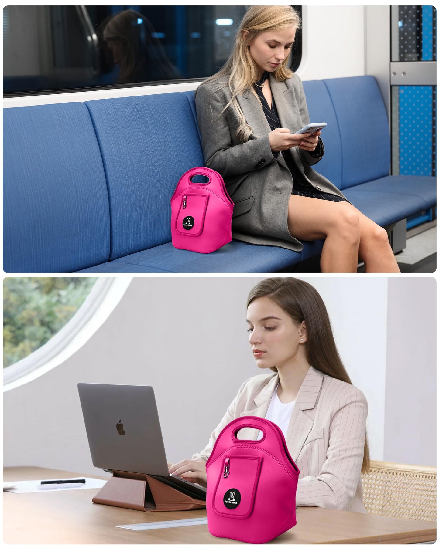 Sports rabbit Small Neoprene Lunch Bags for Women & Adults - Insulated Reusable Lunch Tote, Soft Foldable Lunch Box, Water-Resistant & Machine Washable Cooler Bag for Work, Travel, Picnic (Rose Red)