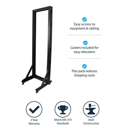 StarTech 42U 2-Post Open Frame Server Rack, 19in Rolling IT Rack with 661lb (300kg) Weight Capacity, Space-Saving Floor-Standing Network Rack