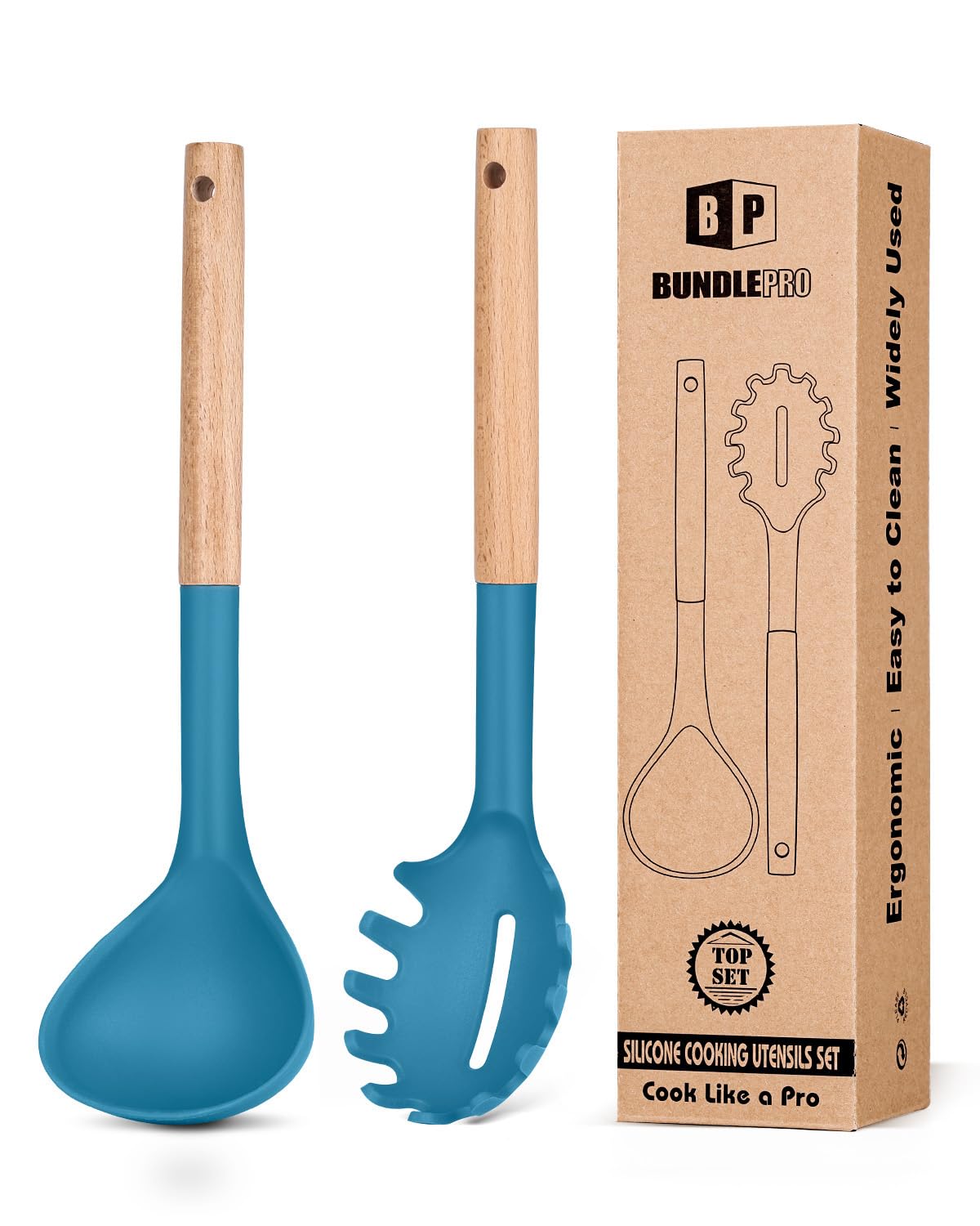 Silicone Pasta Fork and Ladle Spoon Set with Wooden Handle, Heat Resistant Non Stick Kitchen Utensils for Cooking, Stirring, Serving Spaghetti, Soup, Sauce(BLUE)