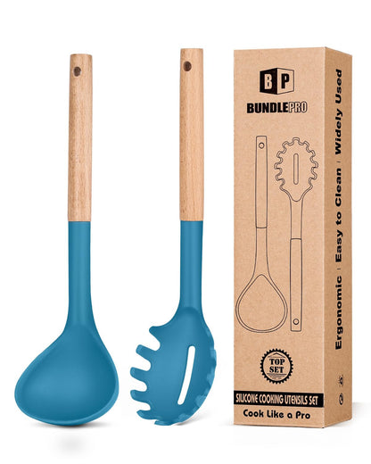 Silicone Pasta Fork and Ladle Spoon Set with Wooden Handle, Heat Resistant Non Stick Kitchen Utensils for Cooking, Stirring, Serving Spaghetti, Soup, Sauce(BLUE)