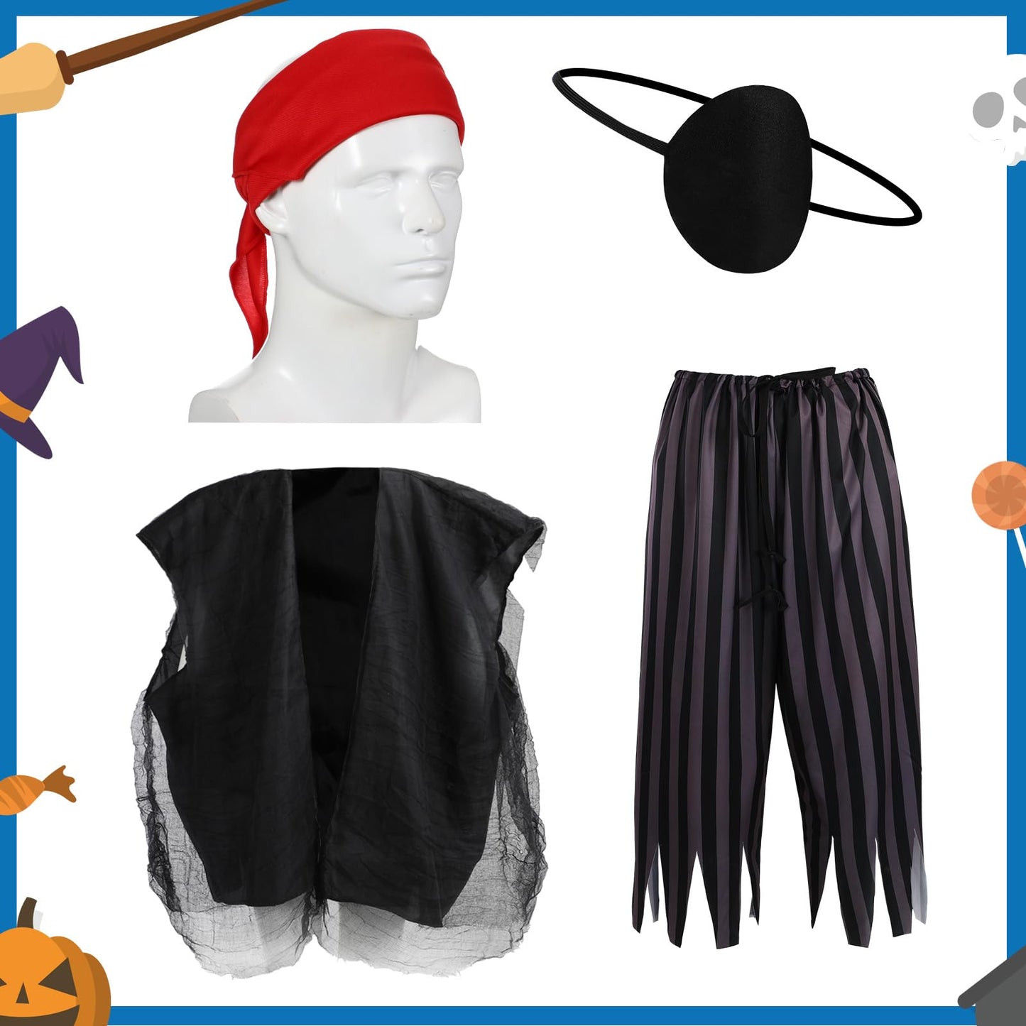 Cozypower 4 Pcs 12 ft Skeleton Outfits Accessories Giant Pirate Costume Set Halloween Skeleton Clothing Accessories for Garden Lawn Outdoor Halloween Decoration