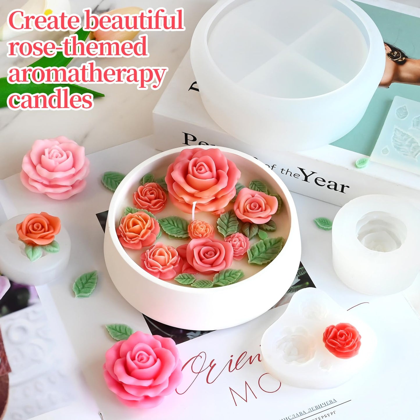 ZQYSING Rose Candle Molds, 5Pcs Rose Silicone Molds for Candle Making, Roses Flower Leaf Mold and Round Candle Vessel Mold Set for Scented Candles, Handmade Soap, Epoxy Resin Casting, Mom Gifts