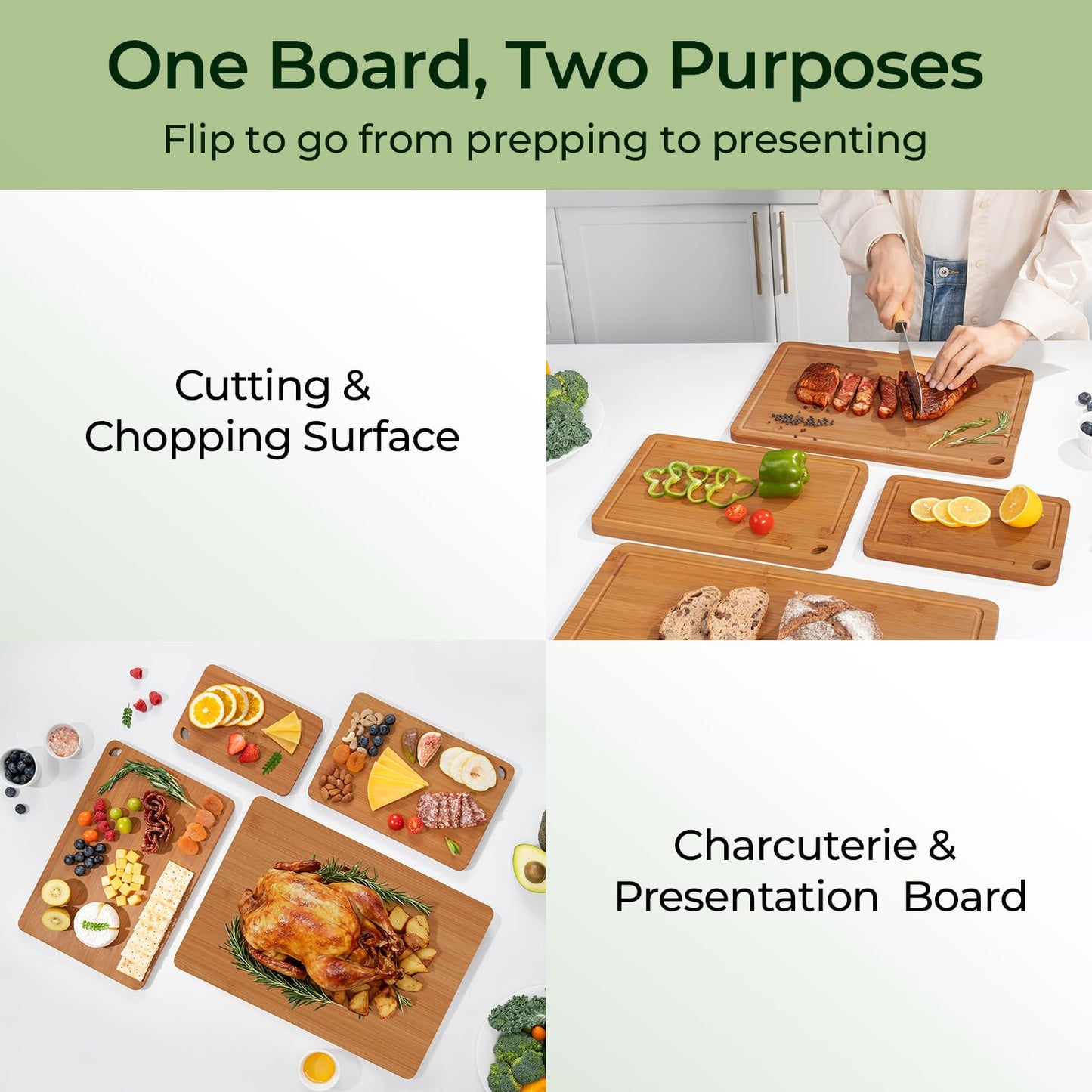 Keechee Wood Cutting Board, Carbonized Bamboo Cutting Boards Set With Smooth Surface & Easy Storage For Busy Kitchens, Ideal Charcuterie & Chopping, Durable, Knife-Friendly (4Pcs)