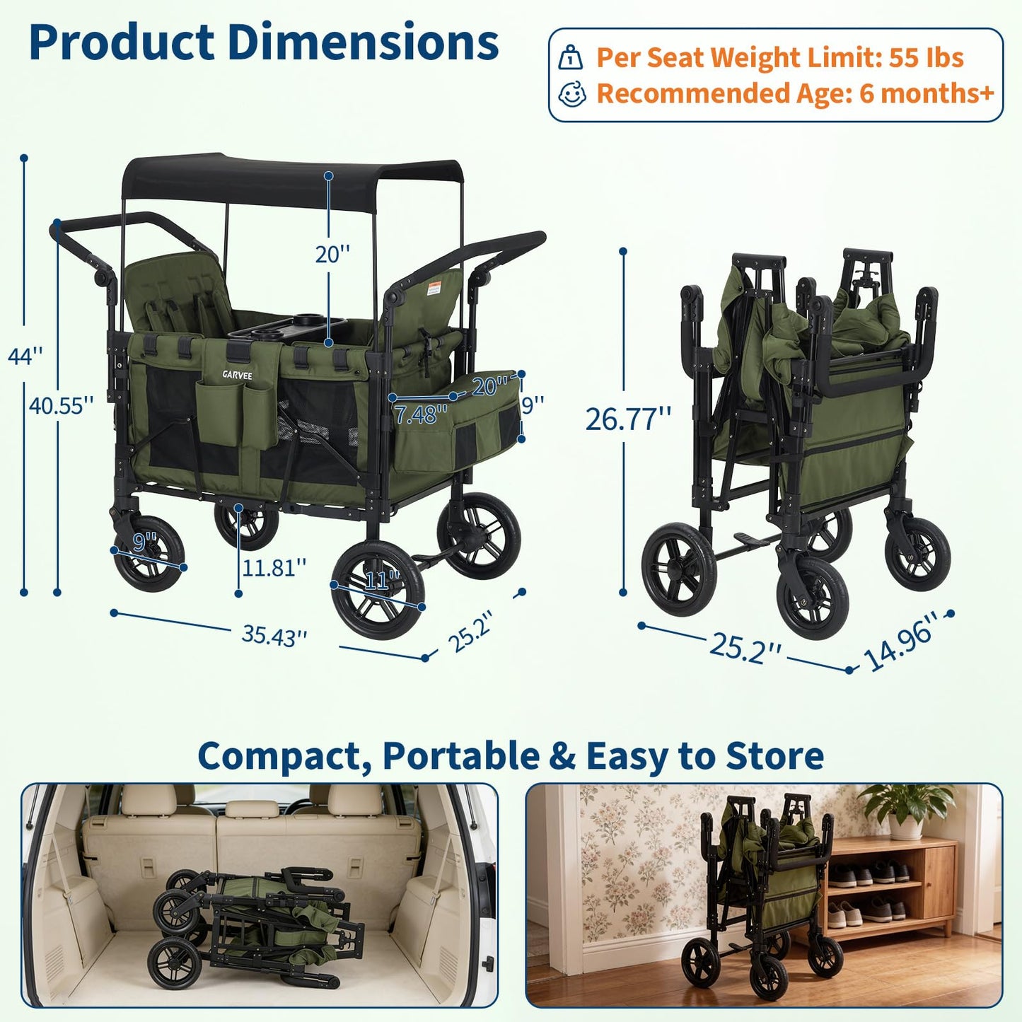 Stroller Wagon for 4 Kids, Premium Quad Stroller Wagon with 4 Convertible Seats, Adjustable Push/Pull Handles, 5-Point Harness Belt, Snack Tray, Removable Canopy & Flat Fold, One-Step Brake, Green