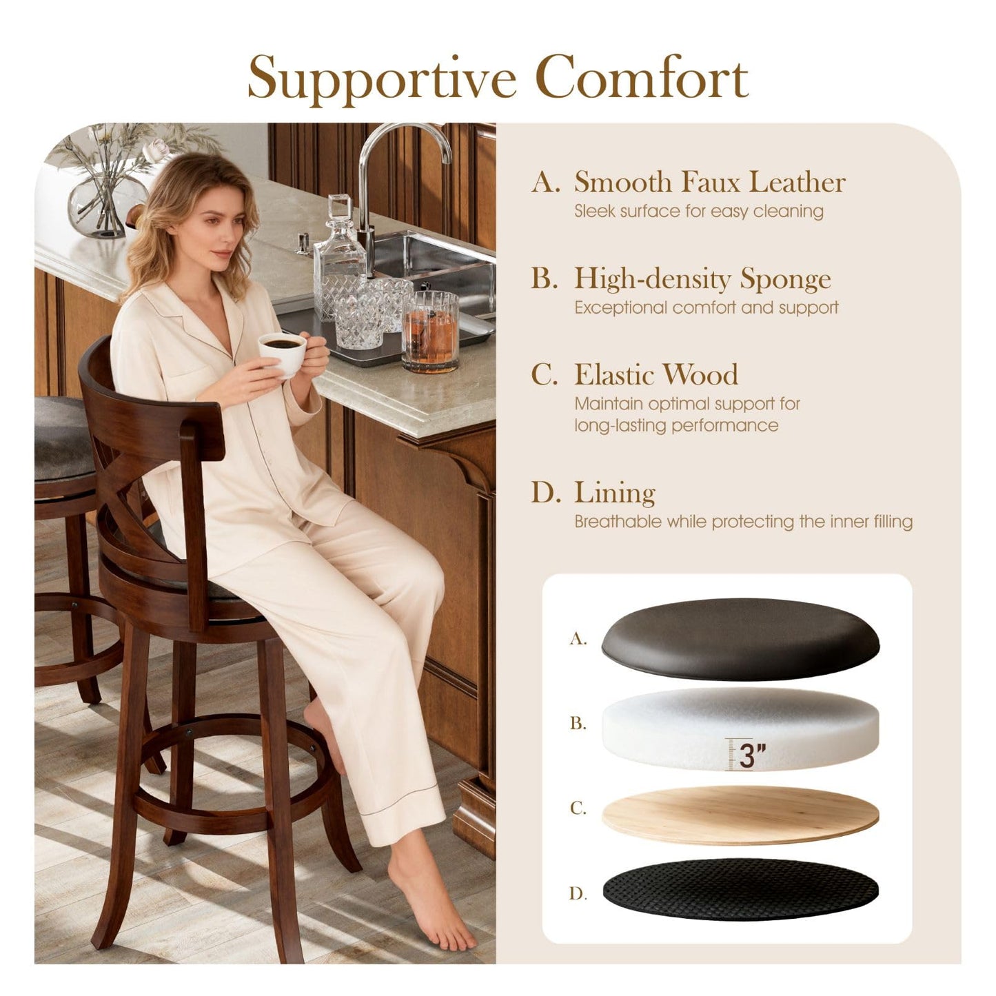 Sophia & William Swivel Bar Stools Set of 4, 30 Inch Bar Height Barstools with Cross Back & Solid Wood Legs,Faux Leather Kitchen Stools, Brown