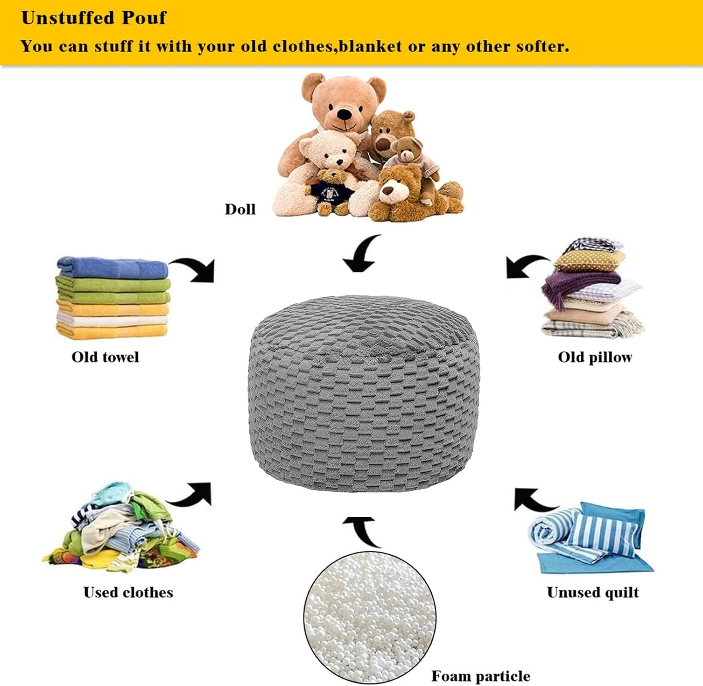 20x20x12 Inches Fur Ottoman Stool Unstuffed Footstool Cover Pouf Foot Rest Round Poof Seat Floor Bean Bag Chair