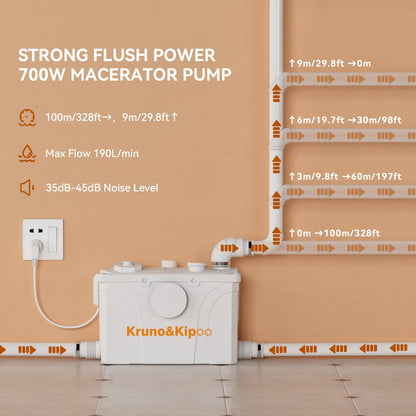 Macerator Pump for Basement Waste Water Disposal Lifting Up, Sewage Pump with 4 Inlets for Toilet, Sink, Laundry, Shower, Upflush to 30ft/11 m, 2960 GPH, Macerating Toilet Pump, 700 watt
