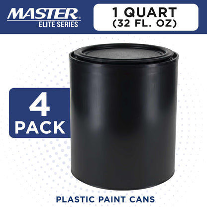Master Elite 1 Quart Empty Plastic Paint Can Bucket, Pack of 4 - Triple Lock Airtight Lid Seal, 32 fl. oz. All-Plastic Coating Storage Container Can - Pail Handle, Dent & Rust Proof, Odor Resistant