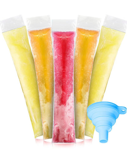 Nature Pulito Disposable Ice Popsicle Mold Bags, 100 Pack 11.0"W x 2.2"H BPA-Free Freezer Pop Bags with Zip Seals & Funnel for Healthy Snacks Yogurt Sticks Juice & Fruit Smoothies