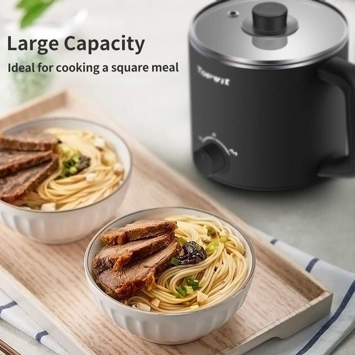 Topwit Hot Pot Electric, Electric Pot, 1.6L Ramen Cooker, Multifunctional Cooker for Pasta, Shabu-Shabu, Oatmeal, Soup and Egg with Over-Heating Protection, Boil Dry Protection, Black