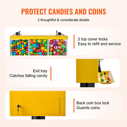VBENLEM Triple Head Candy Vending Machine, 1-inch Gumball Vending Machine, Commercial Gumball Vending Machine with Stand and Adjustable Candy Outlet Size, Candy Vending Machine for Home, Gaming Stores