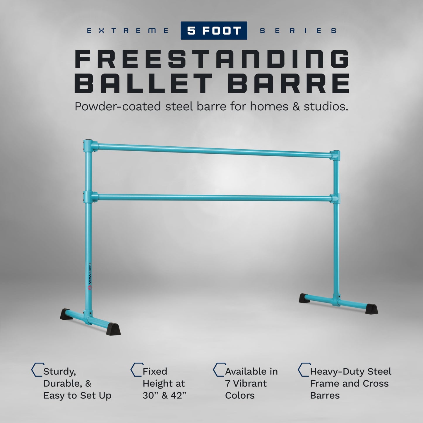 VITA Barre Portable Freestanding Double Ballet Barre, Prodigy, 6 Ft Bars, Teal | Adjustable Height, USA Made, Home or Gym Exercise Equipment for Kids & Adults | Dance, Fitness, Pilates