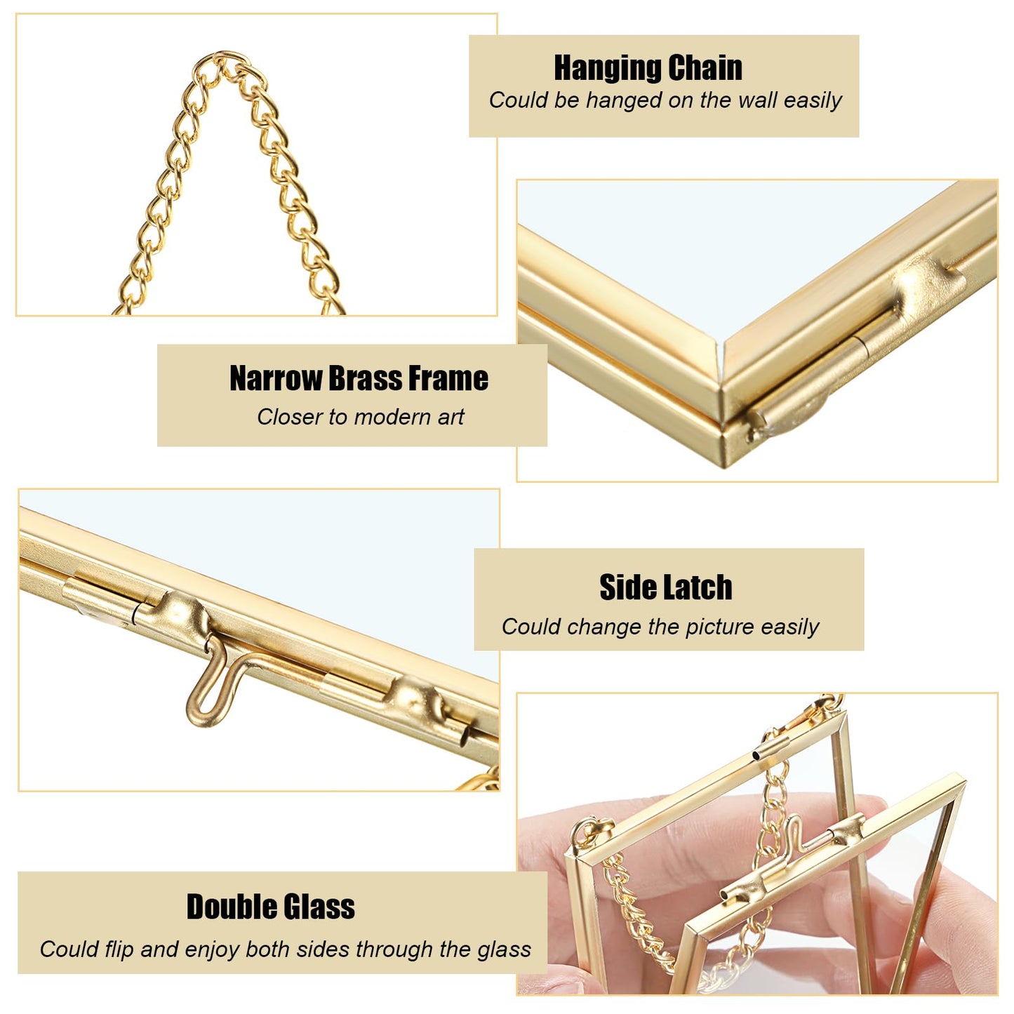 JUXYES 4 Pack Wall Hanging Mini Brass Frames for Pressed Flowers Art, Square Glass Hanging Dried Flowerss Artwork Display Frame, Double Glass Floating Style Gallery Wall Frame for Picture, Pressed Flower, etc