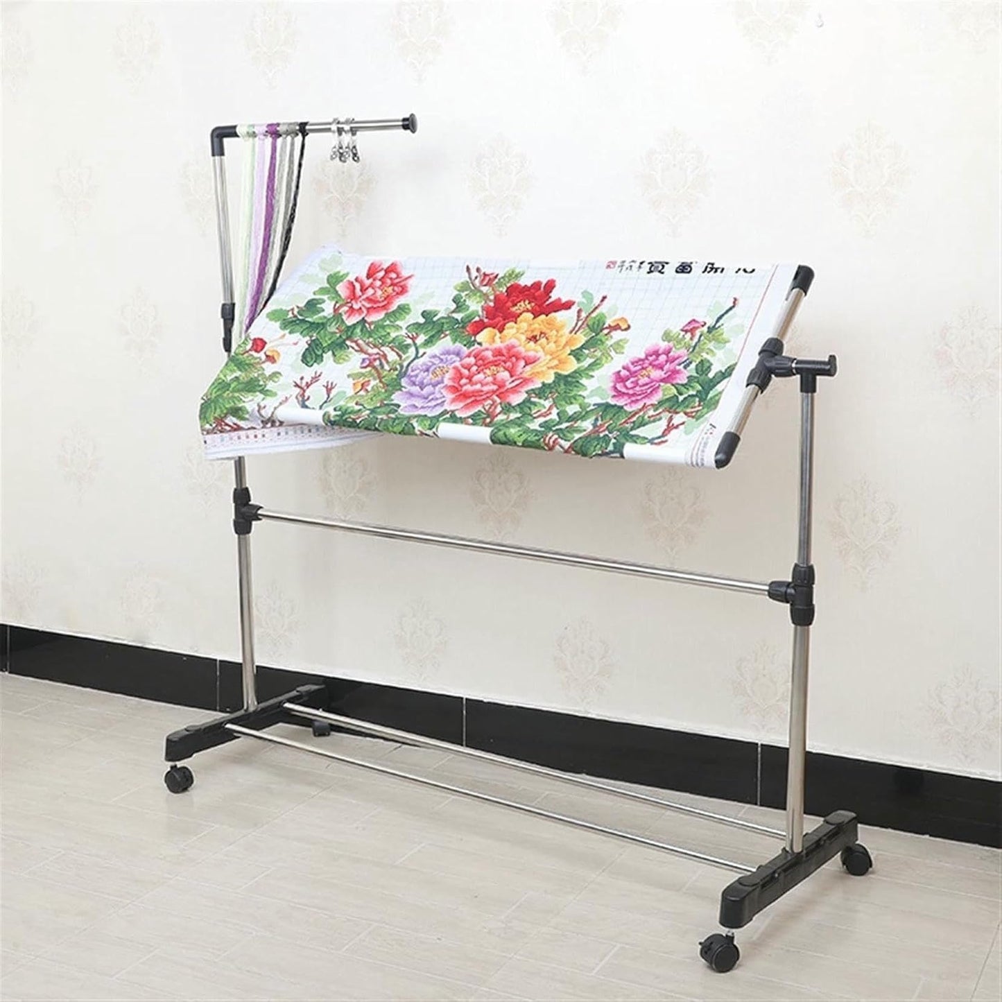 Stainless Steel Adjustable Height Embroidery Stand Cross Stitch Frame,360 Degrees Rotatable Wooden Floor Tabletop Tapestry Frame Craft Stand,Standing Lap Table for Art Craft Sewing Holder~/