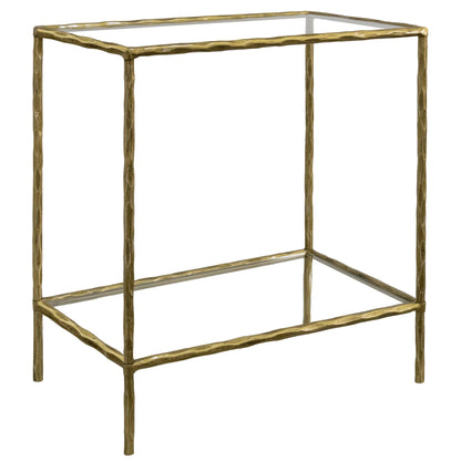 BEGINS Hand Forged Side Table 2 Tier, Vintage End Table Glass Top Coffee Table, Accent Table with Solid Hammered Frame, Suitable for Living Room, Bedroom, Study Room, Entryway (Gold, Rectangle)