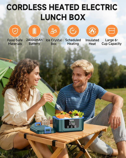 GEARGO 𝟐𝟎𝟐𝟔 𝐔𝐩𝐠𝐫𝐚𝐝𝐞𝐝 Cordless Electric Lunch Box, 6.3 Cups & 24000mAh Rechargeable Heated Lunch Box with Ice Crystal Box, 24 Hours Scheduled Self Heating Lunchbox For Men Women