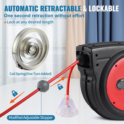 VEVOR Retractable Extension Cord Reel, 65 FT, Heavy Duty 12AWG/3C SJTOW Retractable Power Cord with Lighted Triple Tap Outlet, 15 Amp Circuit Breaker 180° Swivel Bracket for Ceiling or Wall Mount