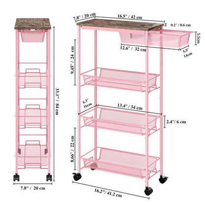 KINGRACK 4-Tier Slim Storage Cart, Metal Rolling Cart, Organizer with Wooden Tabletop and Drawer Basket, Mobile Shelving Unit for Kitchen, Bathroom, Laundry Room, Pink