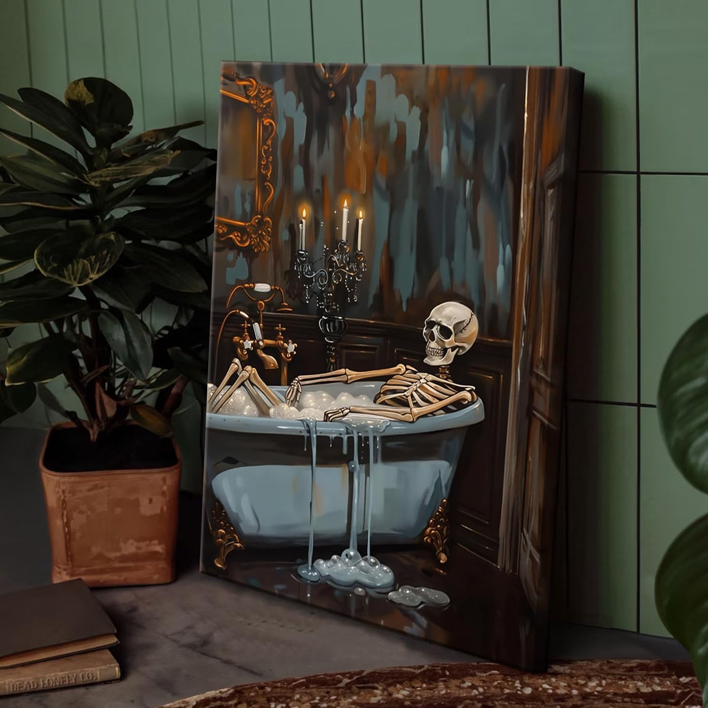 Framed Funny Halloween Skeleton Bathroom Wall Art, Soaking My Bones Pictures Wall Decor, Moody Gothic Dark Academia Paintings Canvas Prints Spooky Home Decor for Living Room Bedroom Dorm 12x16 inch