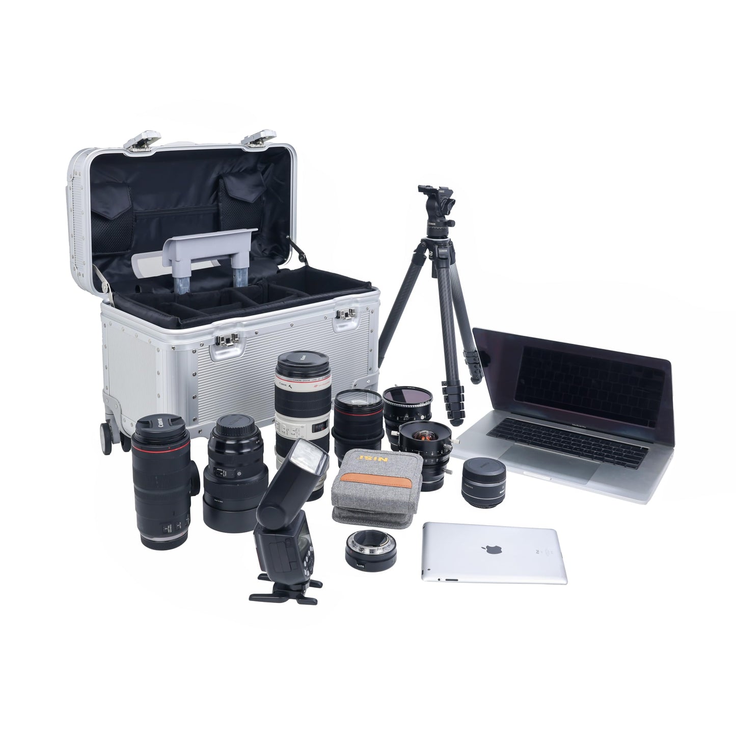 Perle Path All Aluminum Rolling Camera Case, Pilot case, Camera roller bag, Carry on, Hard Shell Photography Equipment suitcase with 4 Wheels and Telescopic Handle (Silver(with camera bag inside))