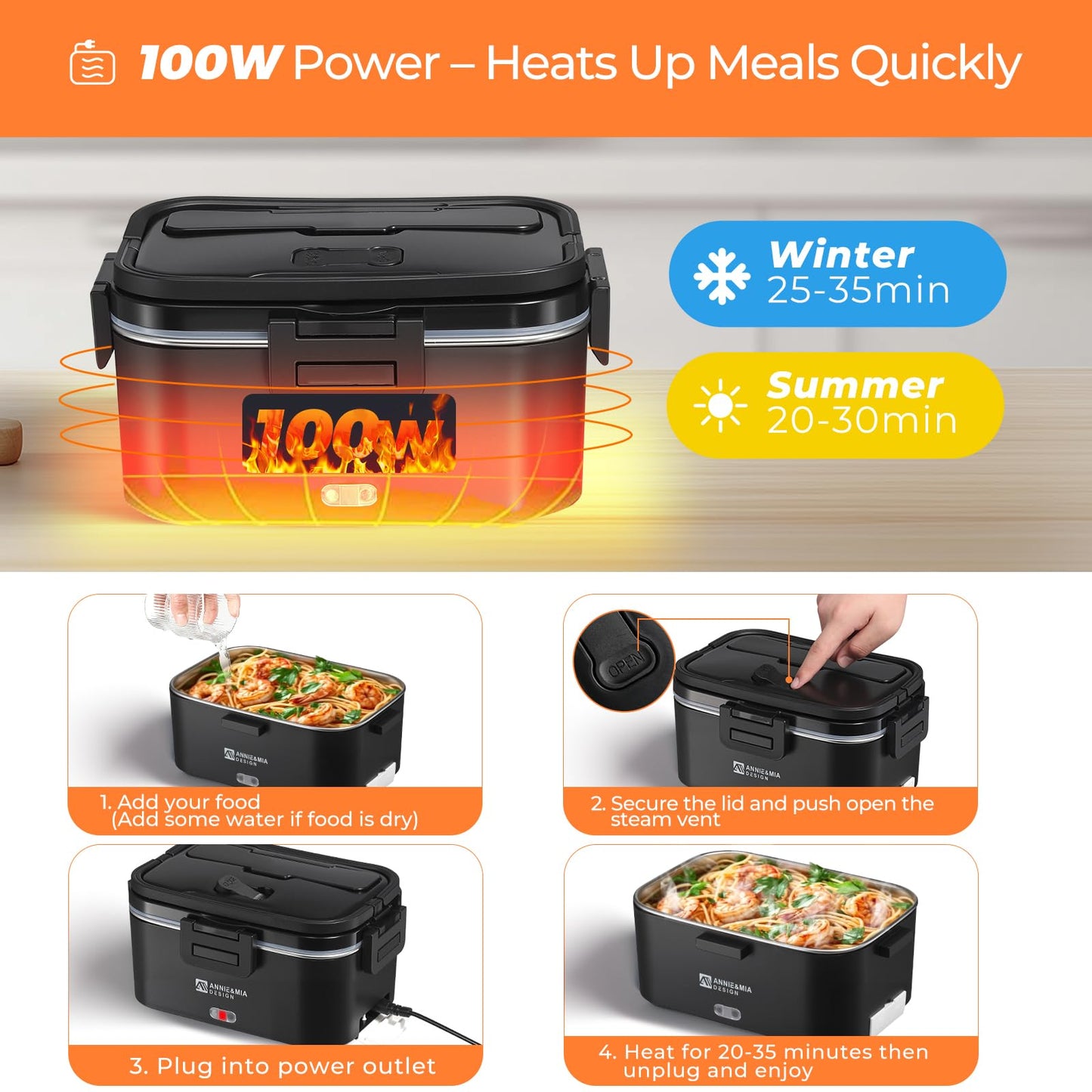Annie & Mia Design Electric Lunch Box for Adults, 100w 1.8L Portable Food Warmer for men Heated Lunch Box for Adults, Home/Car/Office/Truck Use, Lonchera Eléctrica Portátil