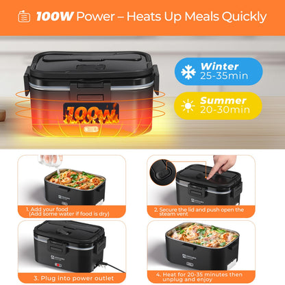 Annie & Mia Design Electric Lunch Box for Adults, 100w 1.8L Portable Food Warmer for men Heated Lunch Box for Adults, Home/Car/Office/Truck Use, Lonchera Eléctrica Portátil