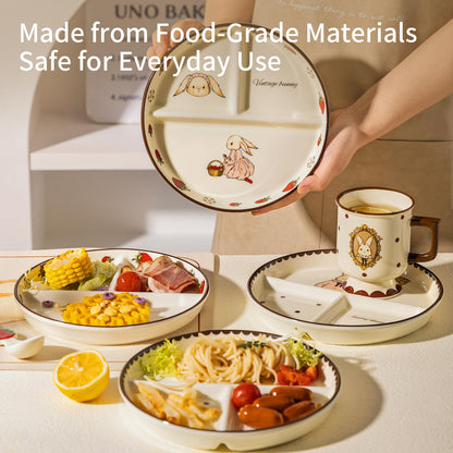 MDZF SWEET HOME Ceramic Divided Plate, 3-Compartment Portion Control Tray for Weight Loss & Healthy Eating, Cute Hera Bunny & Polka Dot Design, Aesthetic Sectioned Dinnerware