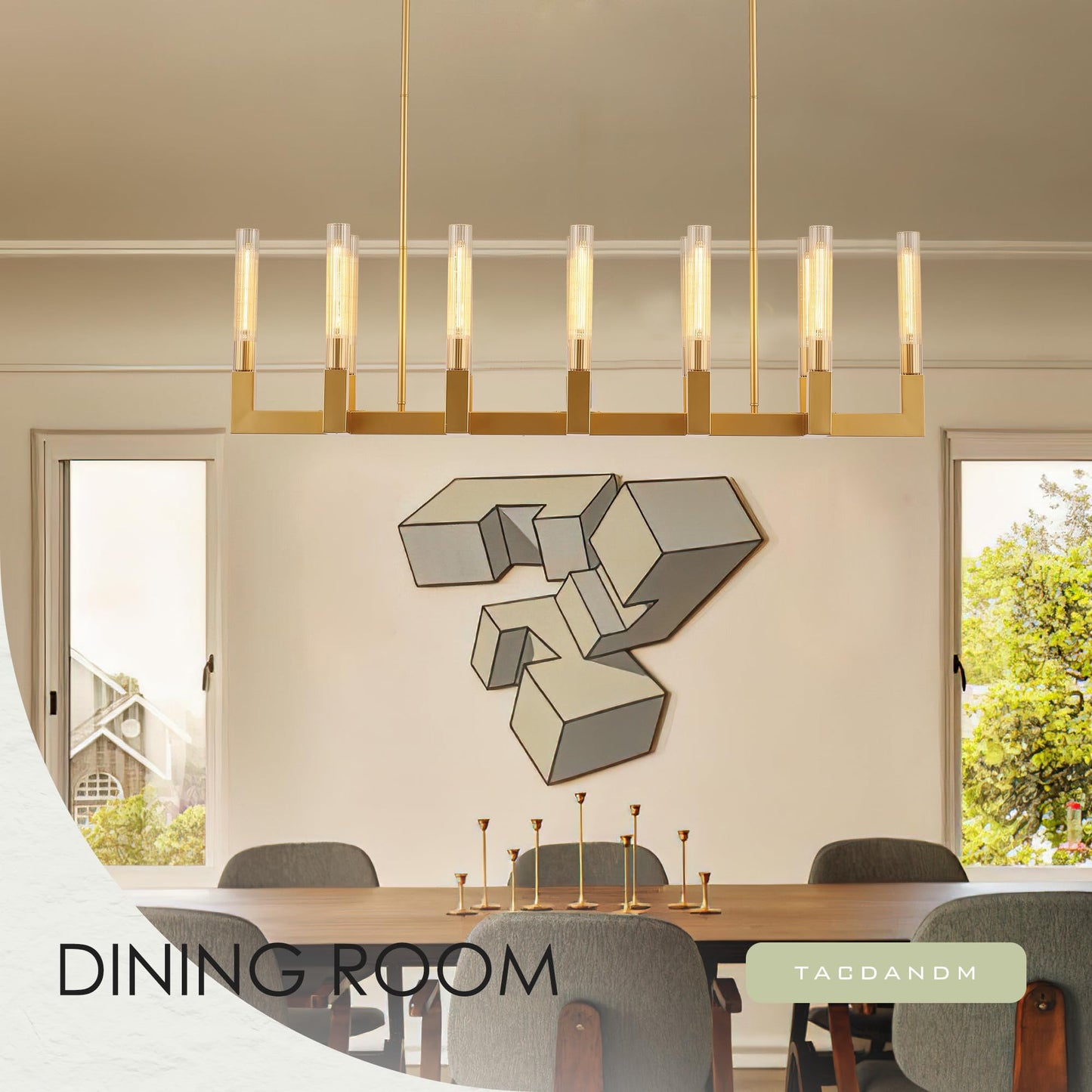 TACDANDM 54-inch Linear Dining Room Pendant Light Fixture with Glass Tube,Gold Rectangular 12-Lights Industrial Kitchen Island Lighting Over Table(Included E26 Bulbs)