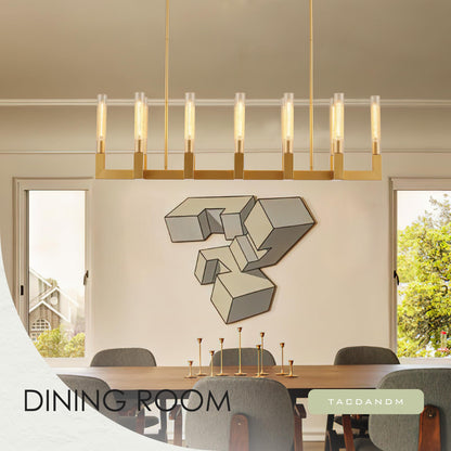 TACDANDM 54-inch Linear Dining Room Pendant Light Fixture with Glass Tube,Gold Rectangular 12-Lights Industrial Kitchen Island Lighting Over Table(Included E26 Bulbs)