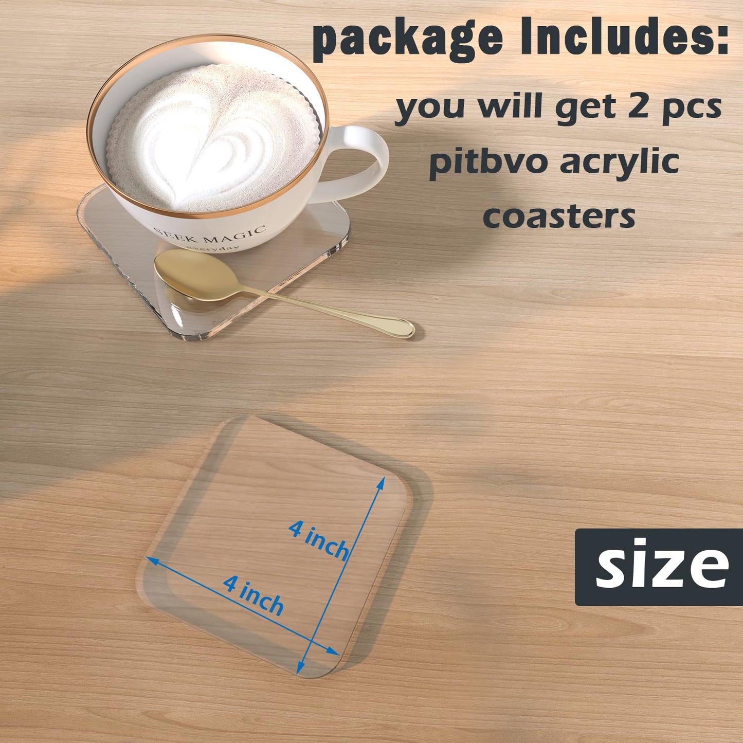 2 PCS Acrylic Coasters, Aesthetic Drink Coaster for Coffee Table, Clear Heat-Resistant Decorative Plates for Home Office Desk, Scratch-Proof Cup Protector for Kitchen Bar (Square 4'' 2 Pcs)