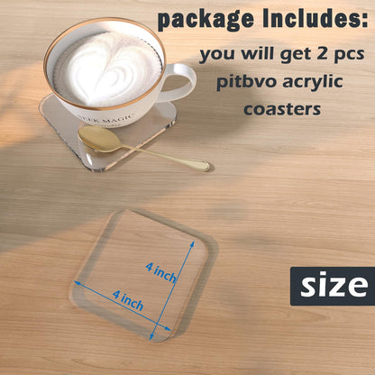 2 PCS Acrylic Coasters, Aesthetic Drink Coaster for Coffee Table, Clear Heat-Resistant Decorative Plates for Home Office Desk, Scratch-Proof Cup Protector for Kitchen Bar (Square 4'' 2 Pcs)