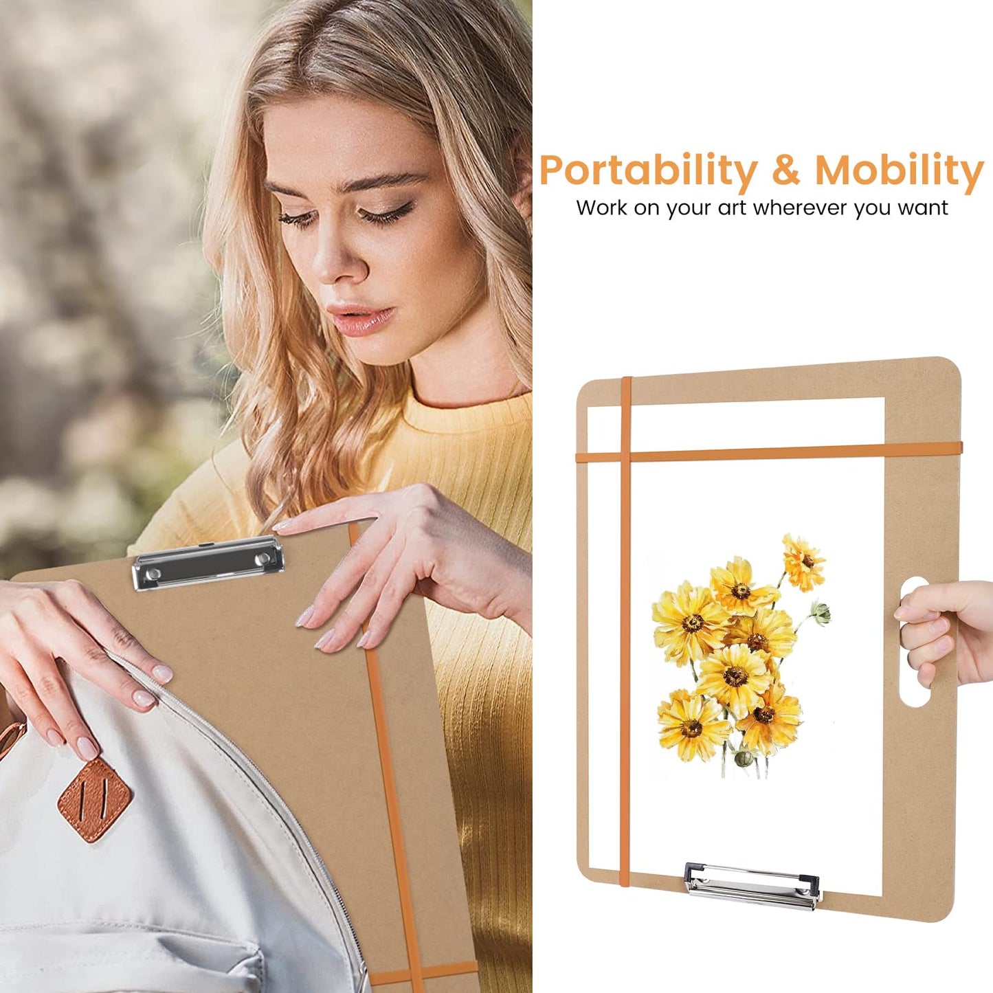 2 Pack Drawing Board, 17 x 13 Inch Portable Sketch Boards with 2 Rubber Bands, Easy to Use and Carry Art Clipboard for Painting in Class Studio Travel, Brown
