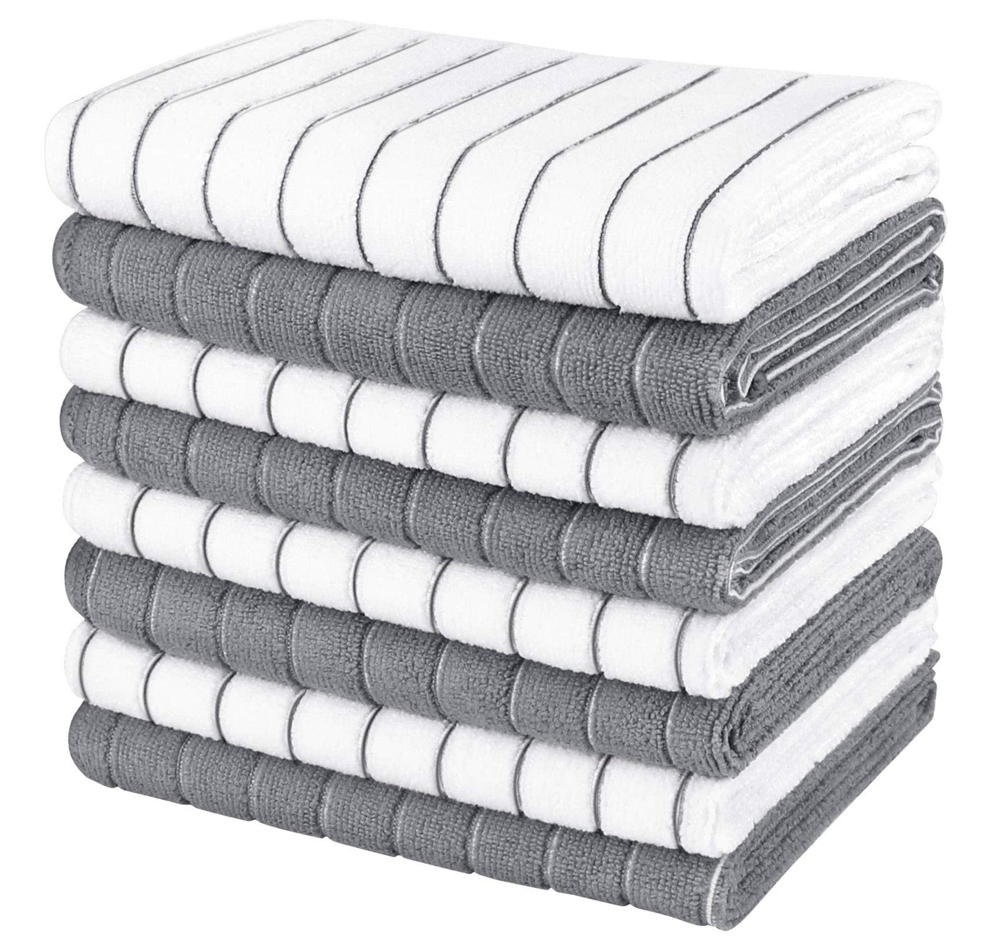 AIDEA Kitchen Towels-8PK, Super Soft and Absorbent Drying Towels for Dishes, Microfiber Cleaning Cloth Multi-Purpose Dish Towels for Kitchen, Home-Grey/White -18”x26”
